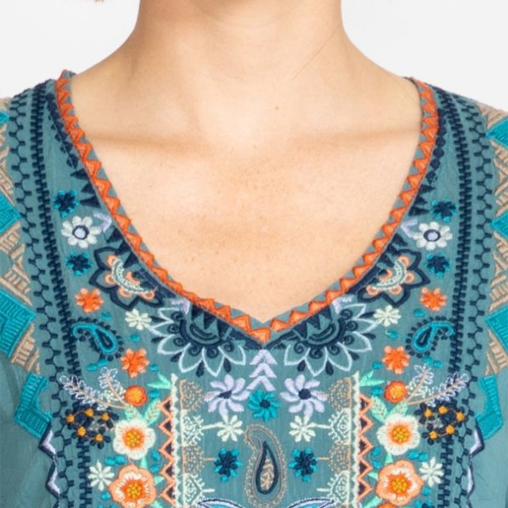 Johnny Was Teal V-Neck Embroidered Flutter Sleeve Blouse - Picture 5 of 5